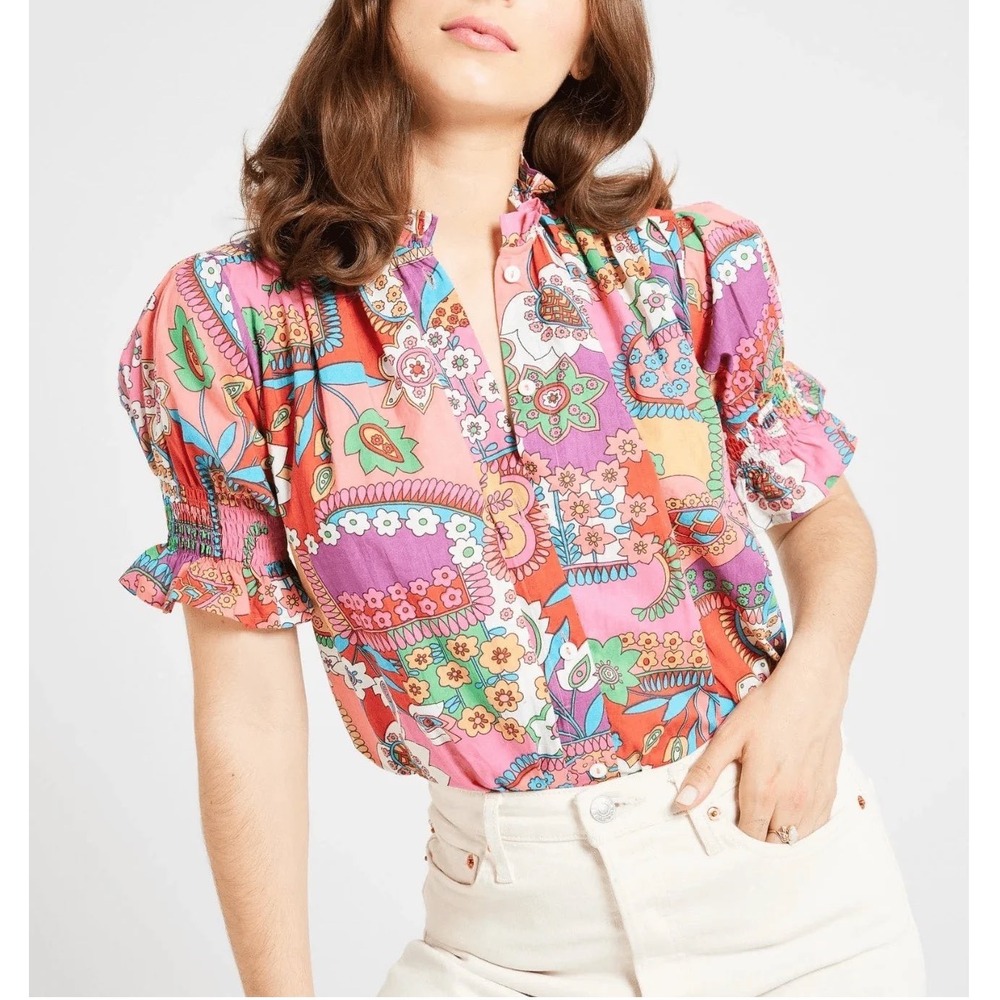 Mille Marnie Top in Shangri-La Pink Paisley Floral Puff Sleeve‎ Blouse - Small